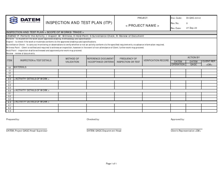 Inspection & Test Plan (Template) | PDF | Specification (Technical ...