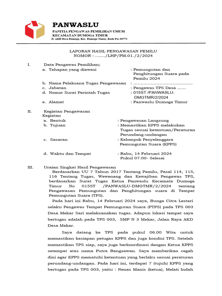 Contoh Form A - LHP PTPS | PDF