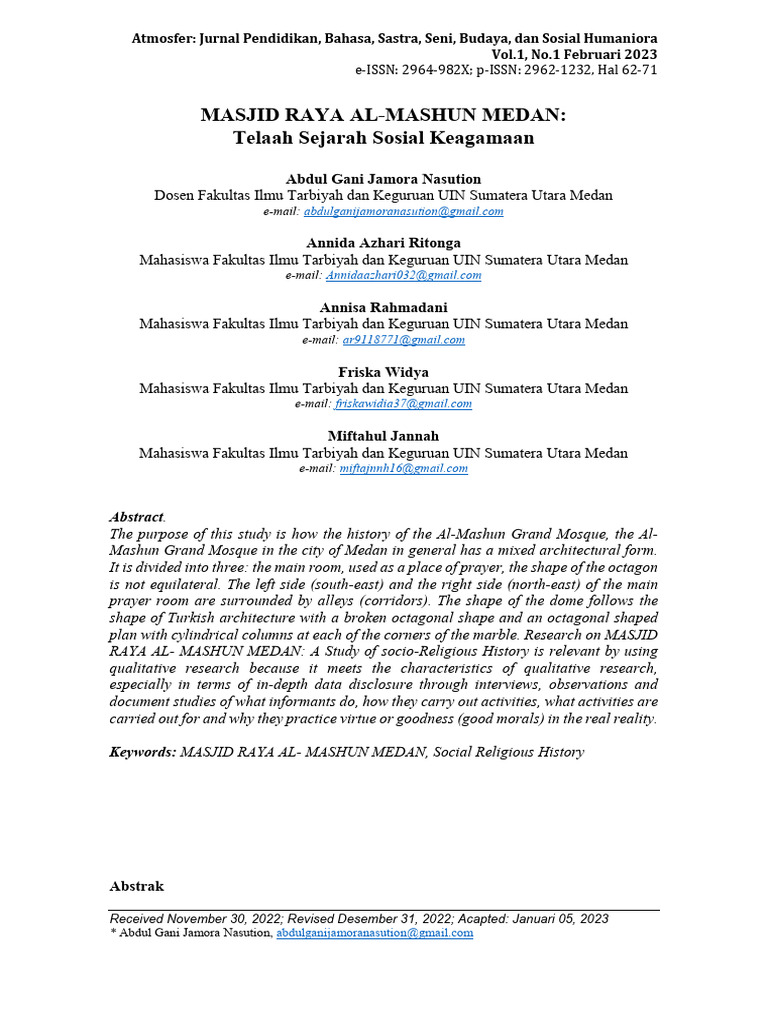 Masjid Raya Al-Mashun Medan: Telaah Sejarah Sosial Keagamaan | PDF