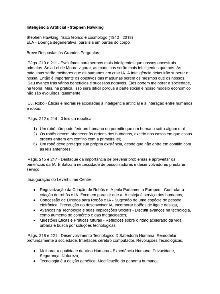 Impactos da IA na Sociedade segundo Hawking | PDF | Inteligência ...