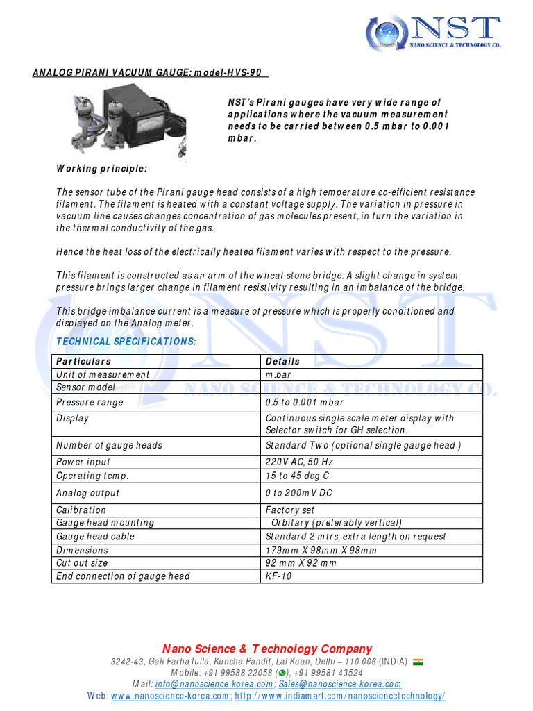 Vacuum Gauge Models and Specifications | PDF | Pressure Measurement ...