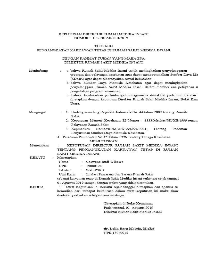 Pengangkatan Karyawan Tetap RSMI | PDF