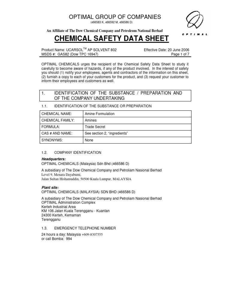 UCARSOL AP Solvent 802 Safety Data | PDF