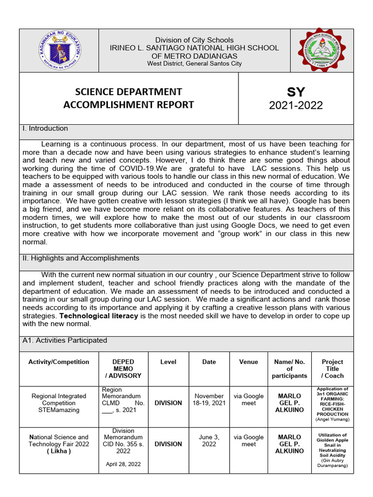 Science Department Accomplishment Report | PDF | Science | Curriculum