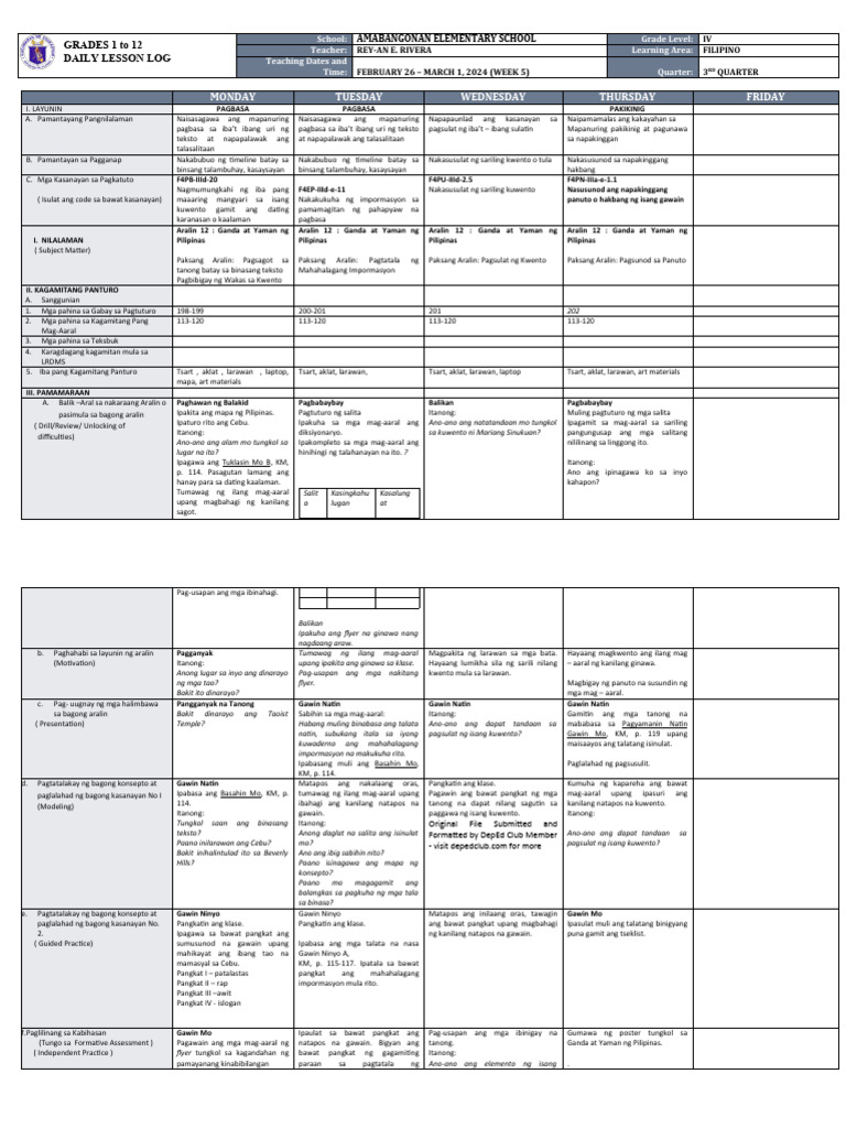 DLL - Filipino 4 - Q3 - W5 | PDF