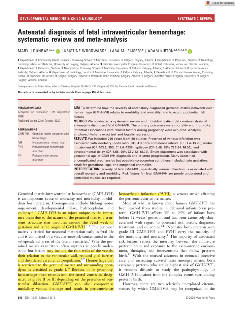 Antenatal Diagnosis Of Fetal Intraventricular Hemorrhage Systematic