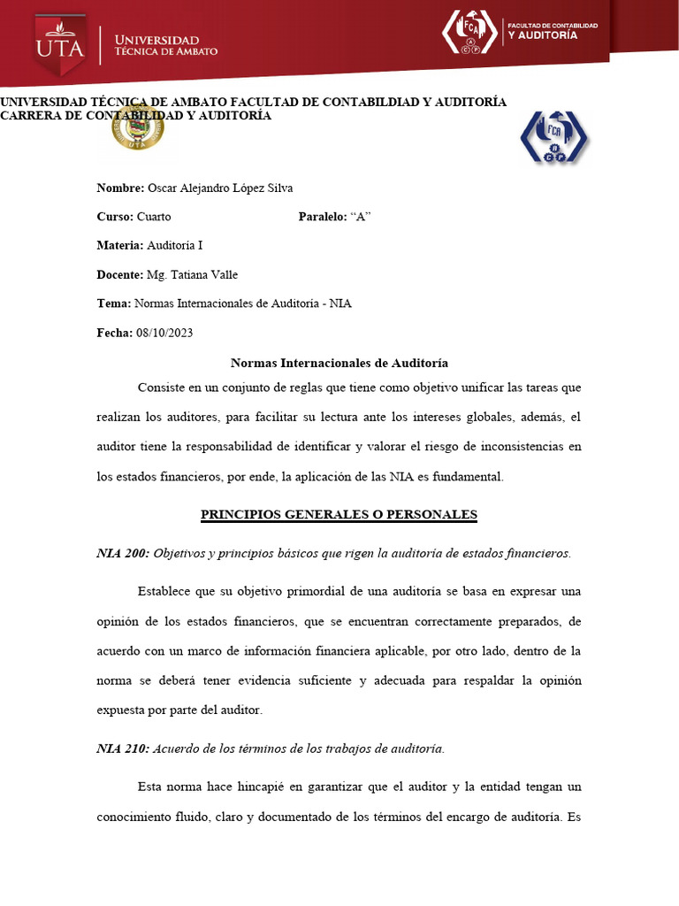 Normas Internacionales de Auditoría NIA | PDF | Auditoría | Contralor