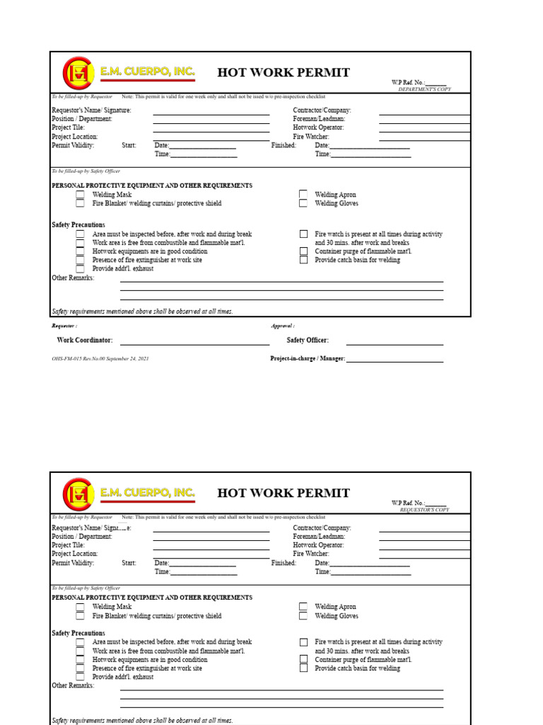 (OHS-FM-015) Hot Work Permit - Final | Download Free PDF | Fire ...