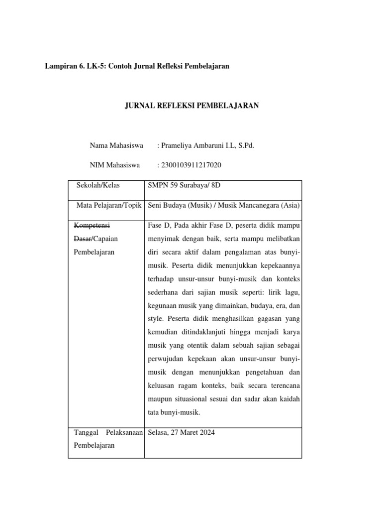Jurnal Refleksi Pembelajaran Musik | PDF | Karier & Perkembangan | Seni ...