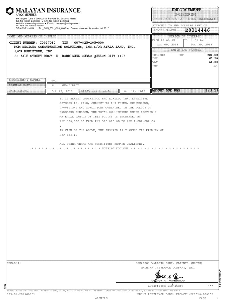 Contractor's All Risk Insurance Policy | PDF | Insurance | Financial Risk