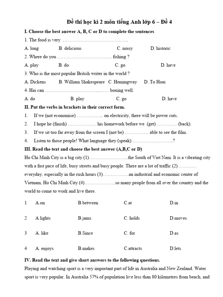 De Thi Hoc Ki 2 Mon Tieng Anh Lop 6 de 4 | PDF | Travel | Home & Garden