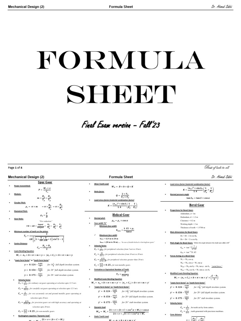Mechanical Design 2 Formula Sheet | PDF | Gear | Belt (Mechanical)