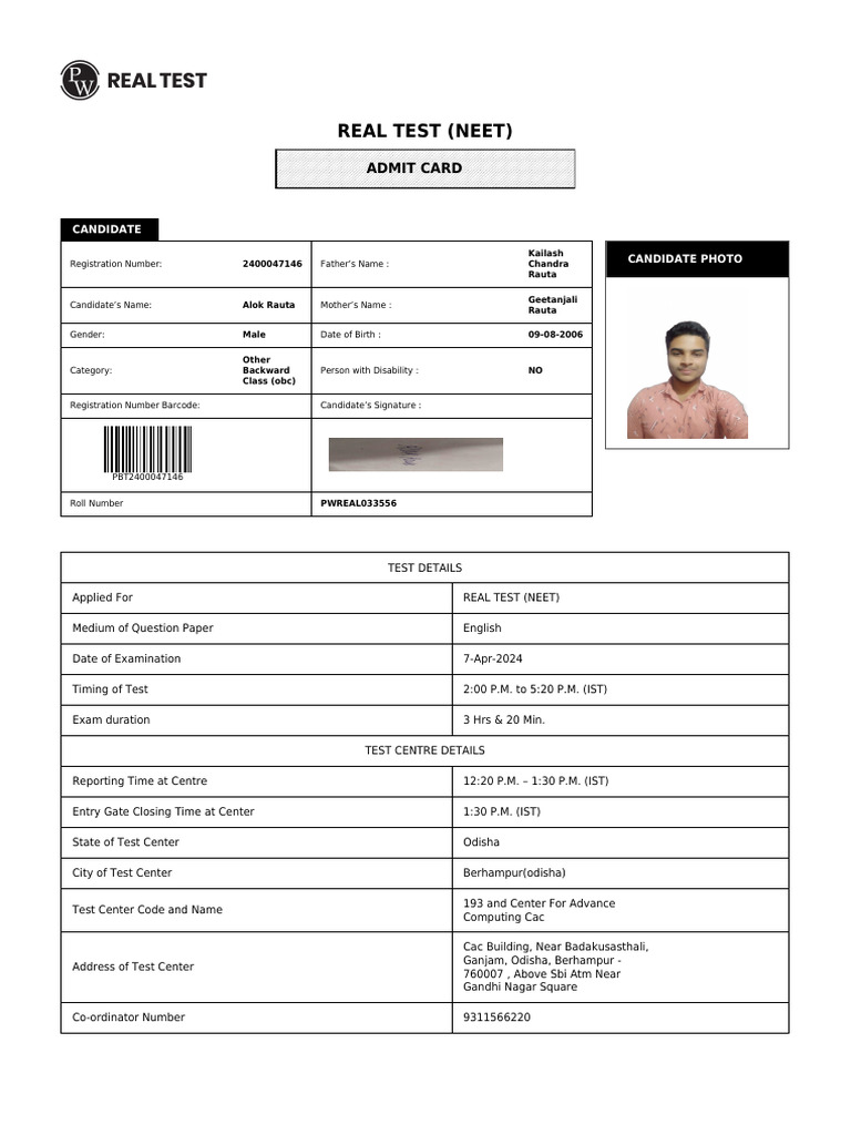 NEET 2024 Admit Card and Instructions | PDF | Identity Document