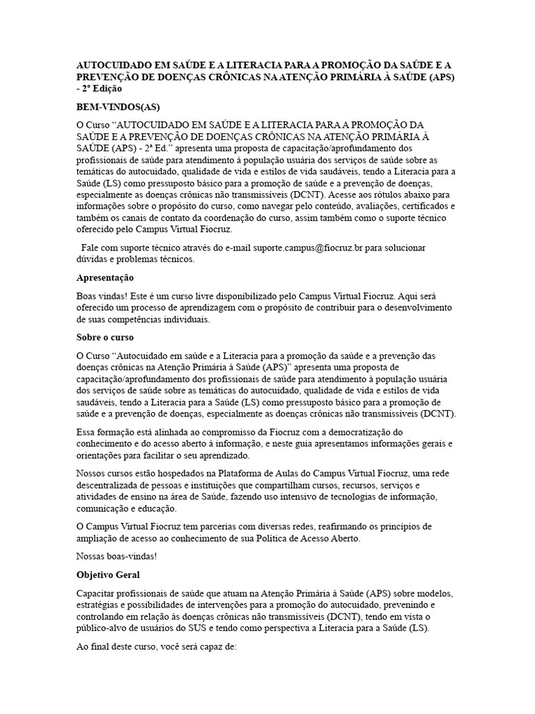 Autocuidado Em Saúde E A Literacia Para A Promoção Da Saúde E A