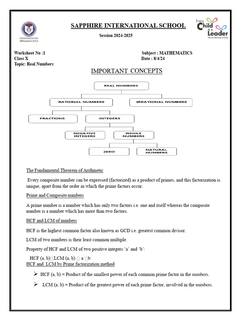 Class X Mathematics: Real Numbers Worksheet | PDF | Numbers | Discrete ...