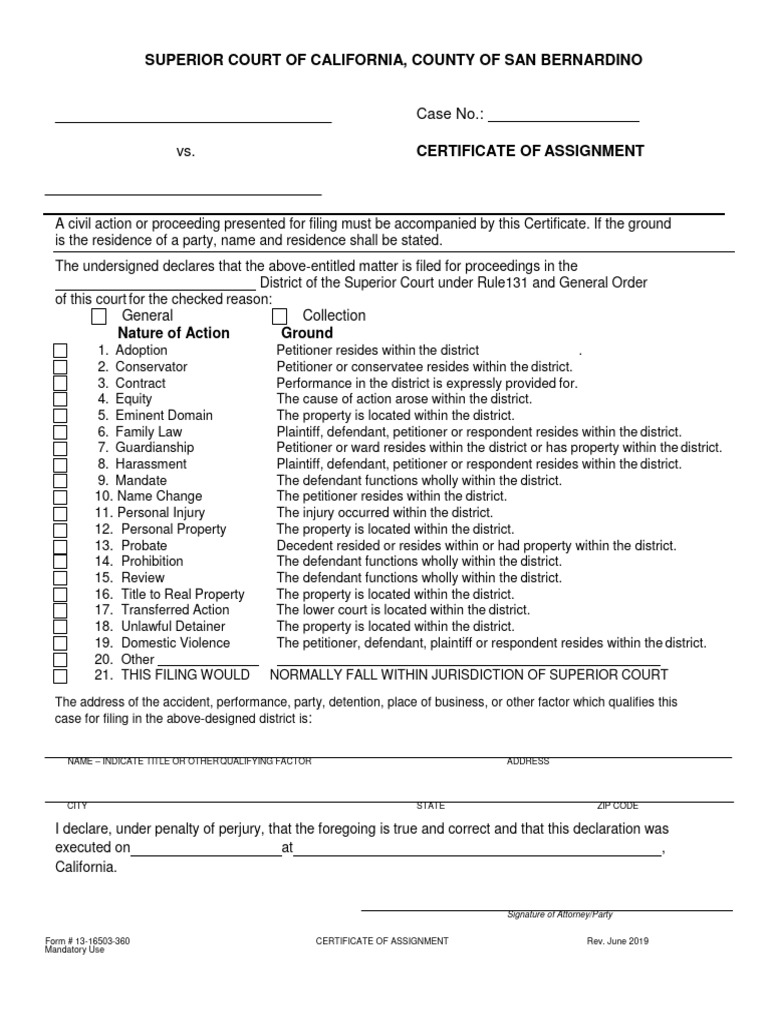 Certificate of Assignment for Court Cases PDF Conservatorship