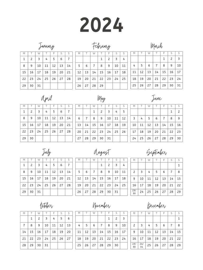 Black and white simple personal 2024 year calendar planner organized