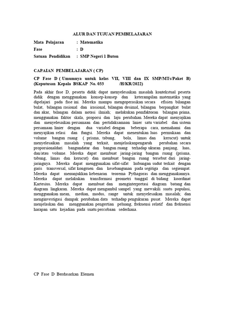 Capaian Pembelajaran Matematika SMP Fase D | PDF | Metode & Bahan Ajar ...