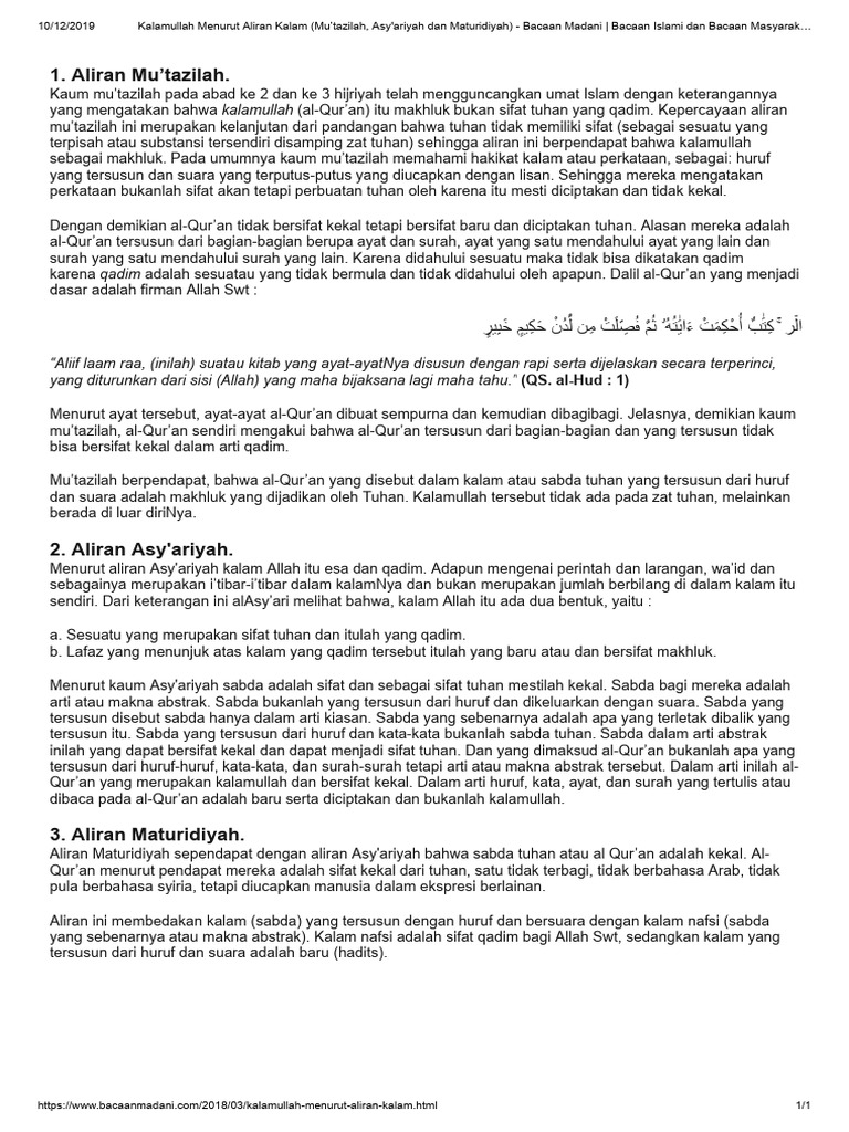 Pandangan Aliran Kalam tentang Kalamullah | PDF | Filsafat | Kajian ...