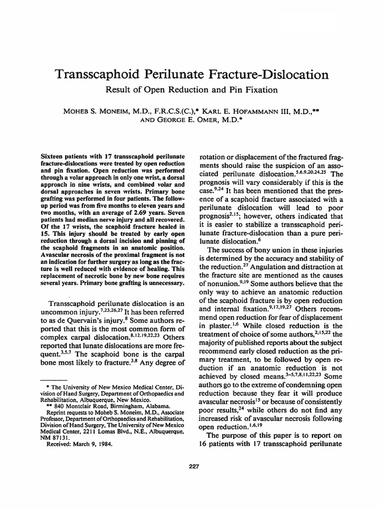 Transscaphoid Perilunate Fracture-Dislocation | PDF