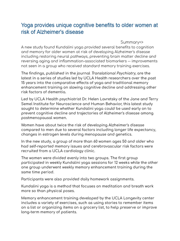 Yoga Provides Unique Cognitive Benefits To Older Women at Risk of | PDF ...