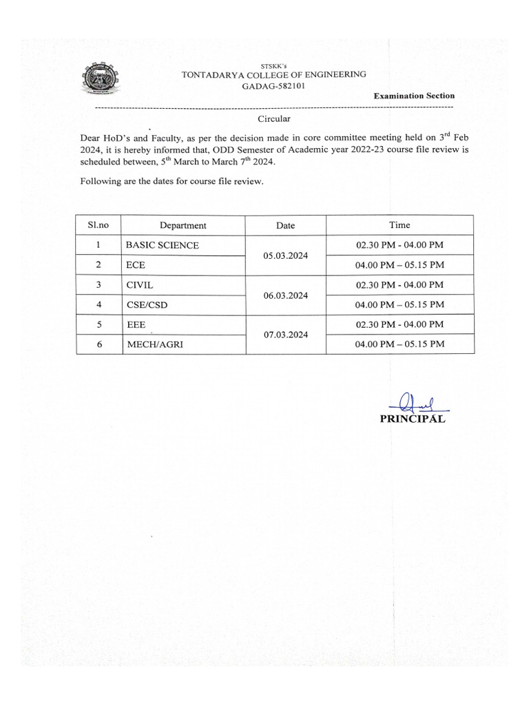ODD Semester Course File Review Schedule | PDF