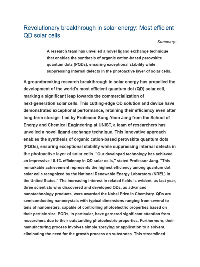 Revolutionary Breakthrough in Solar Energy Most Efficient QD Solar