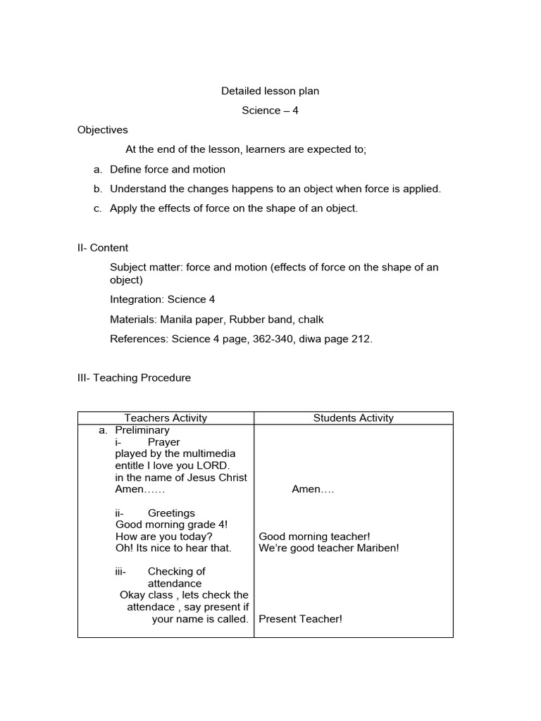 Force and Motion Lesson Plan for Grade 4 | PDF | Force | Magnet