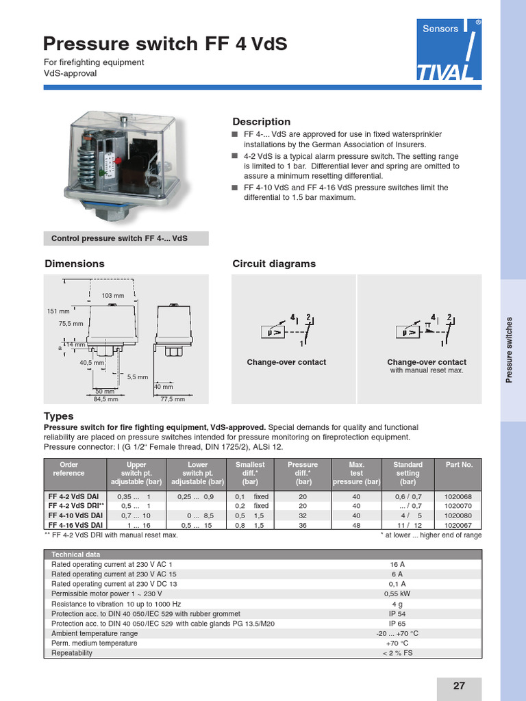 VdS-Approved Fire Pressure Switches | PDF | Switch | Electric Power
