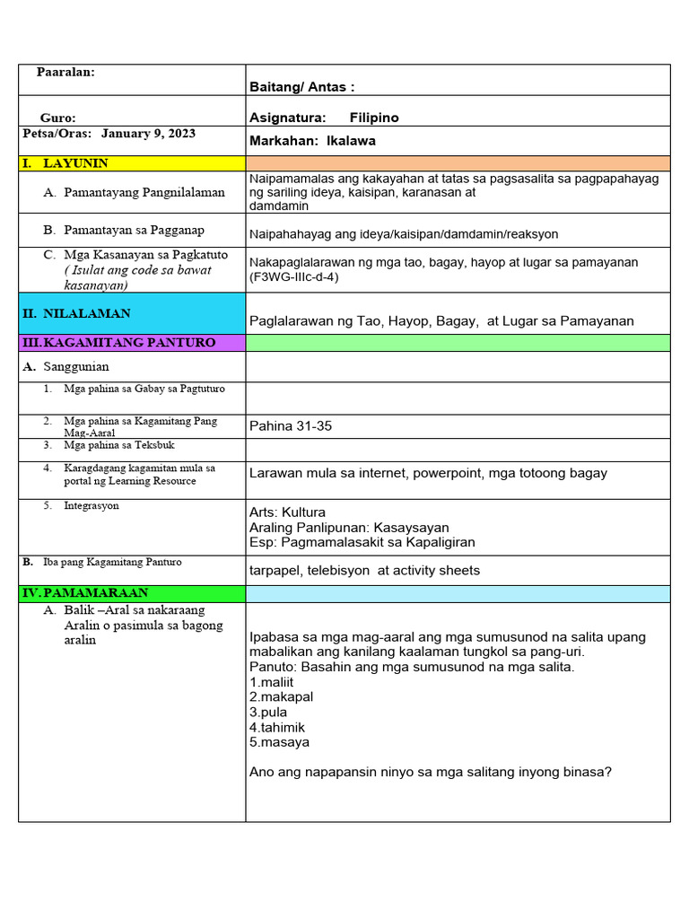Filipino Iii Demonstration Plan Pang Uri Pdf