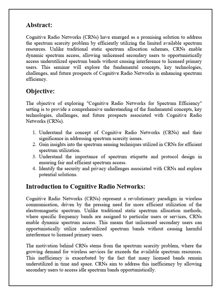 Cognitive Radio Networks for Spectrum Efficiency | PDF | Cognitive ...