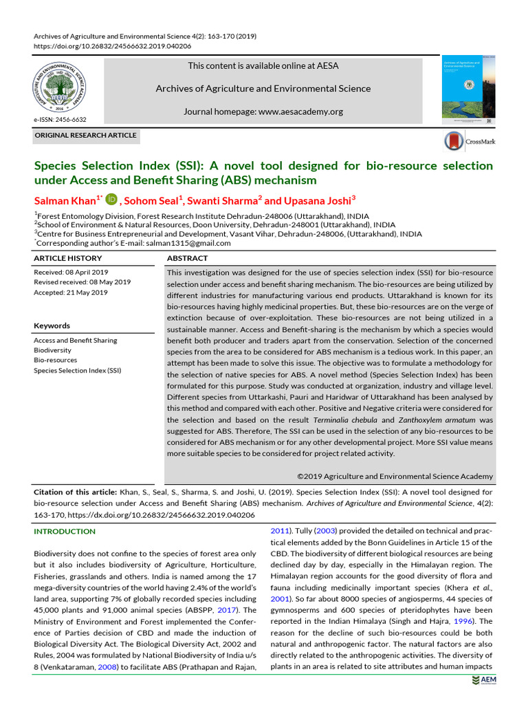Species selection index ssi a novel tool designed pdf biodiversity