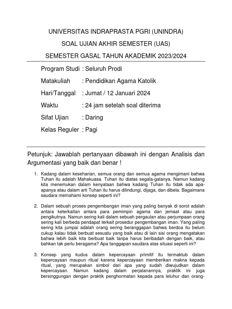 UAS Pendidikan Agama Katolik UNINDRA 2023 | PDF | Karier & Perkembangan ...