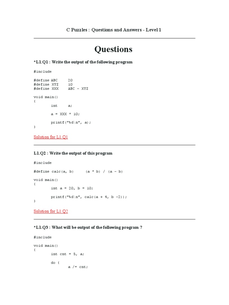C Programming Puzzles: Level 1 Solutions | PDF | Computer Programming ...