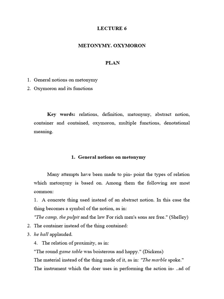 Metonymy and Oxymoron Explained | PDF | Adjective | Adverb