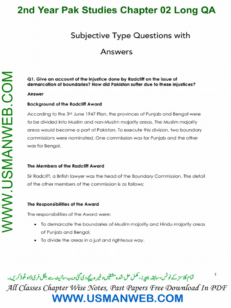 12th Pak Studies Chapter 2 Long QA | PDF