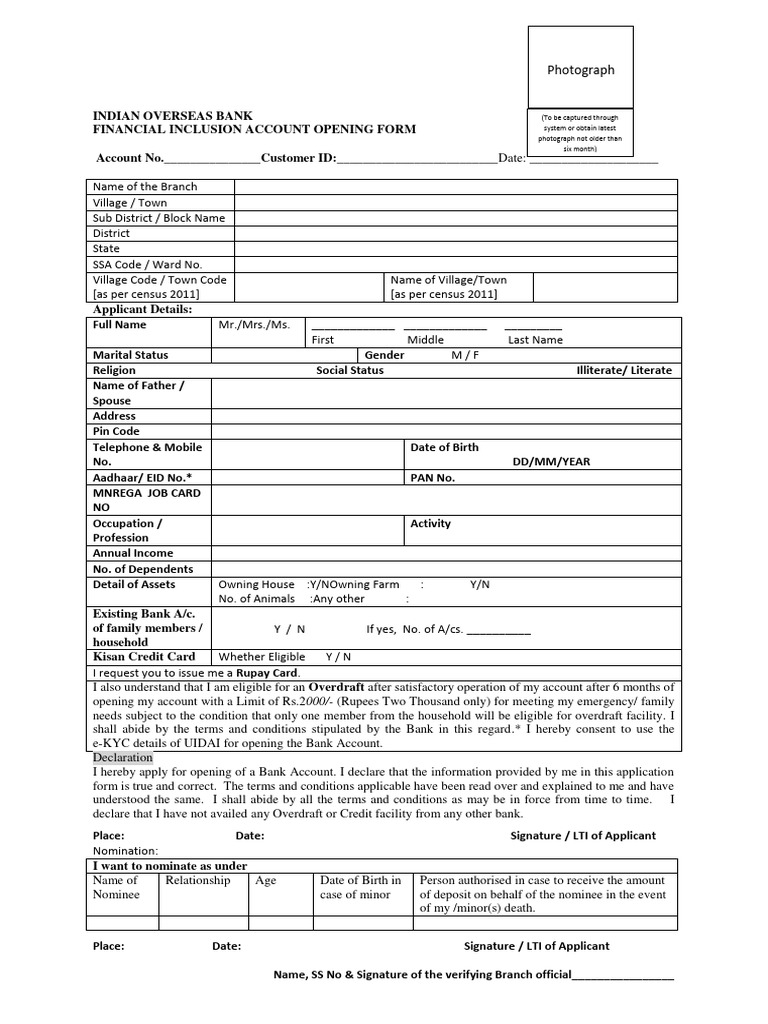 IOB Financial Inclusion Account Form | PDF | Overdraft | Financial Services