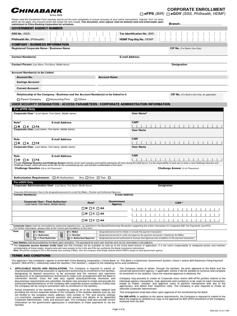Corporate Enrollment for eFPS/eGOV | PDF | Banks | Payments