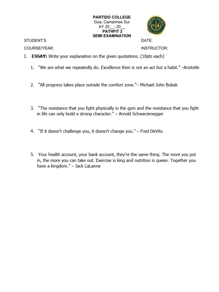 PATHFIT 2 Semi Exam Essay Prompts | PDF
