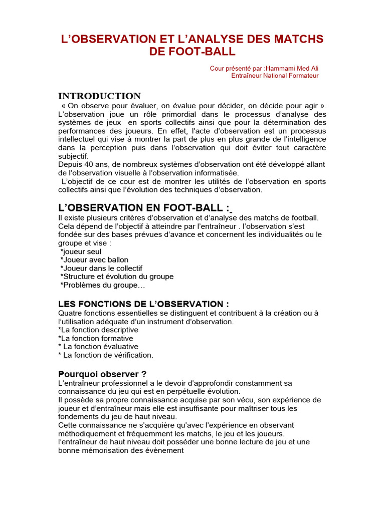 Observation et Analyse des Matchs de Foot | PDF | Vidéo | Expérience