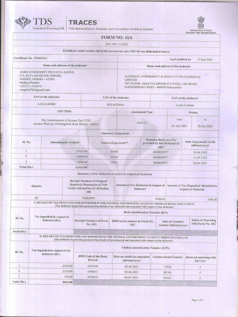 Acpl TDS Certificate Ncdex 1ST Quarter Fy 2023 24 | PDF