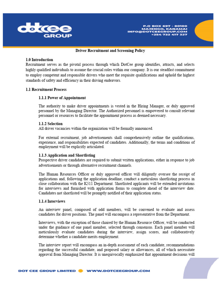 Driver Recruitment and Screening Policy | PDF | Recruitment | Employment