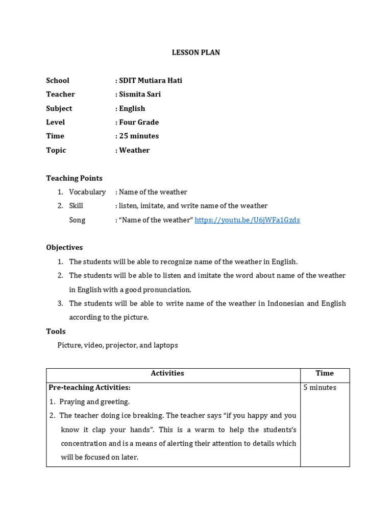 Simple English Lesson Plan: Weather | PDF | Cognition | Behavior ...