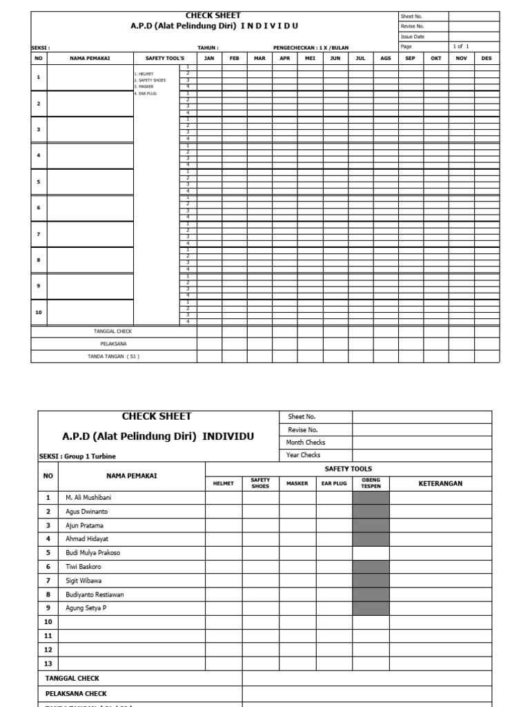 Checklist APD Bulanan Individu | PDF