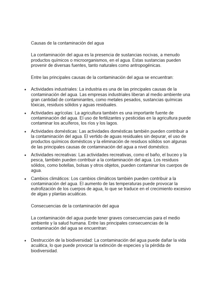 Causas y Consecuencias de la Contaminación del Agua | PDF | La ...