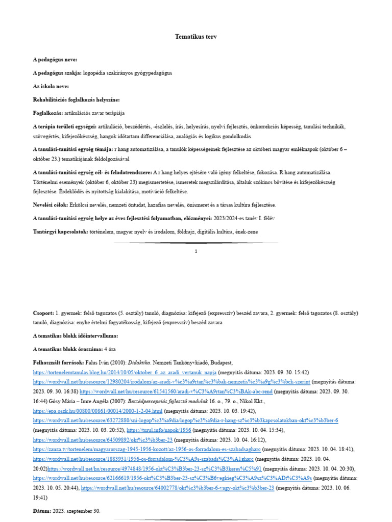Tematikus Terv (Logopédia) | PDF