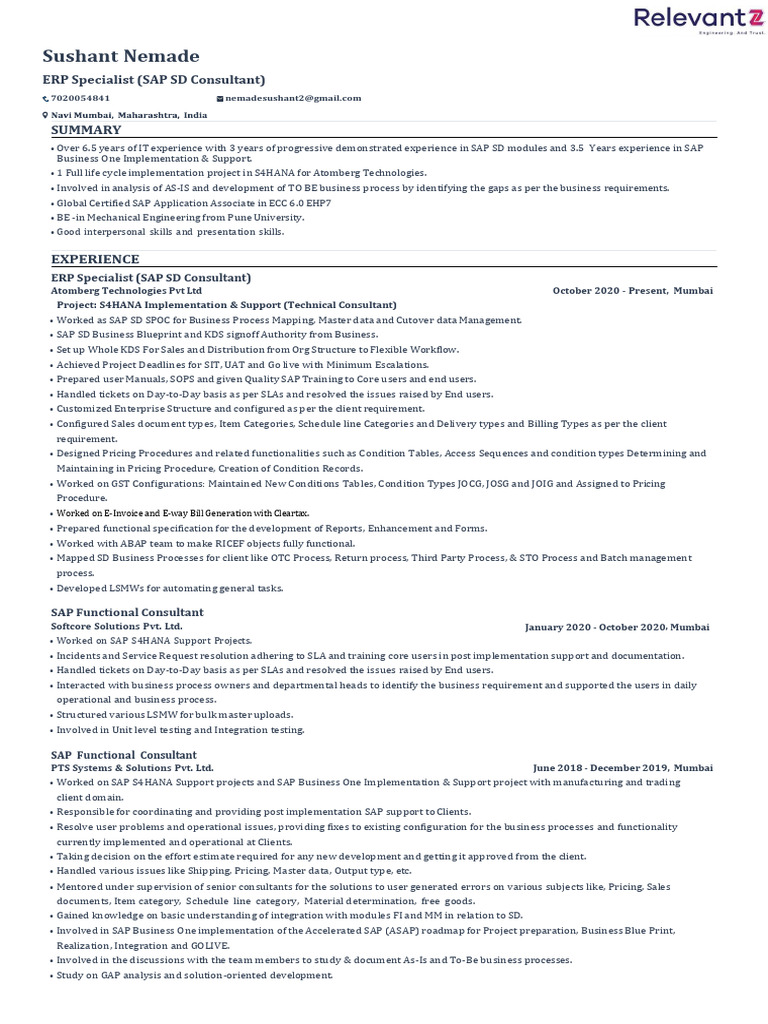 SAP SD Consultant Profile - Sushant Nemade | PDF | Enterprise Resource ...