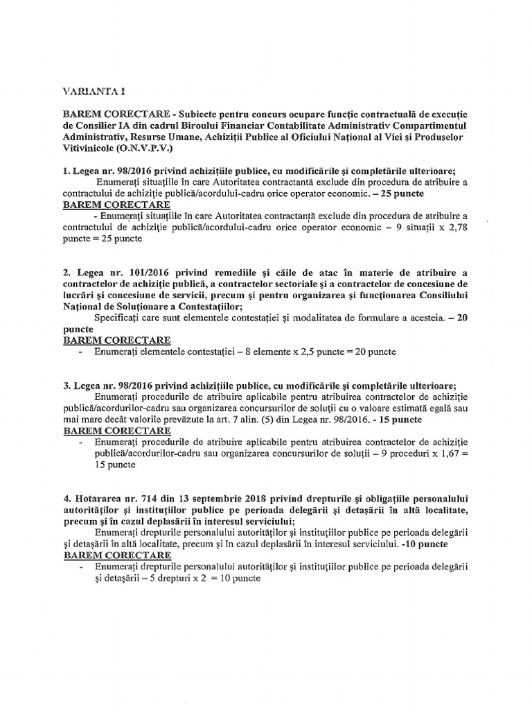 Barem Corectare Varianta 1 Subiecte Concurs Ocupare Post Consilier 1a | PDF