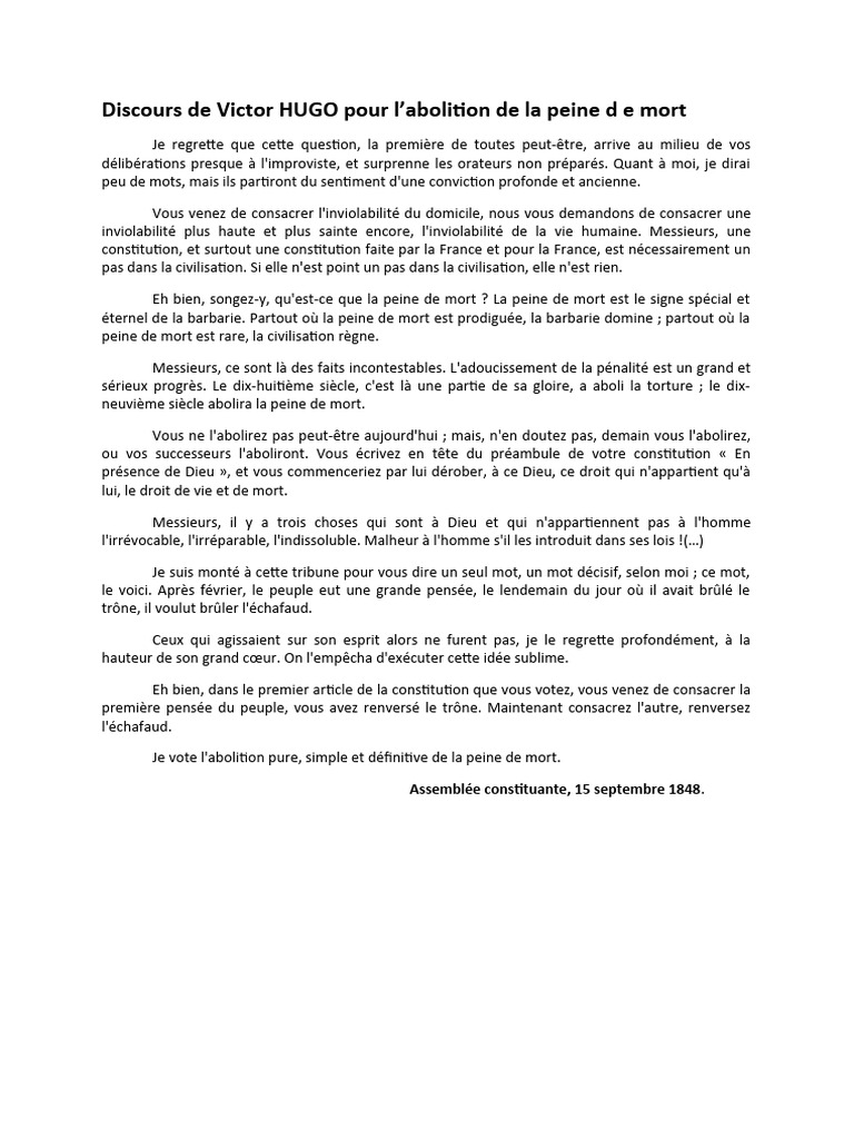 Victor Hugo : Plaidoyer pour l'abolition de la peine de mort | PDF ...