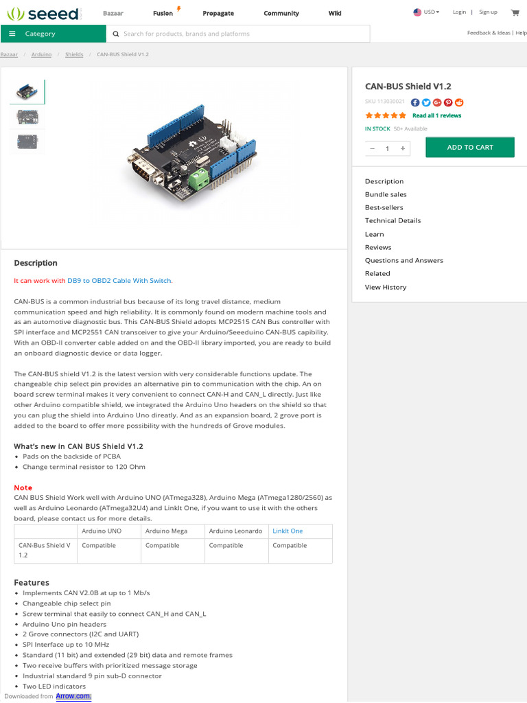 Arduino CAN-BUS Shield V1.2 Overview | PDF | Arduino | Computing